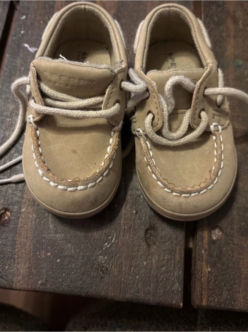 Sperry Kids Moccasin Boat Shoes in Tan with White Stitching